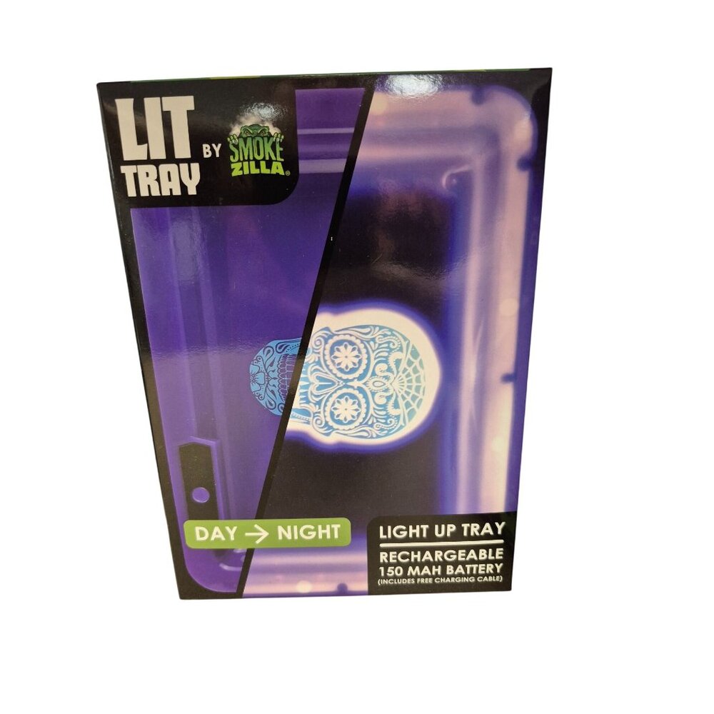 Smokezilla Lit Tray Light-Up Rechargeable Rolling Tray With Blue Skull Design Pu